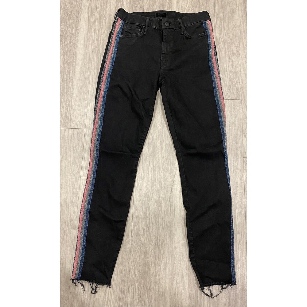 Mother High Waisted Looker Ankle Fray Black Guilty Glitter Racer Stripe Jeans 29